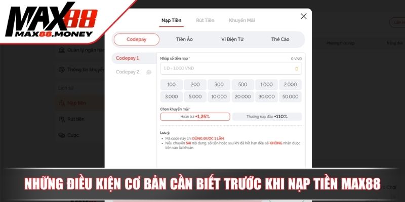 Nạp Tiền MAX88 - Quy Trình Gửi Vốn Nhanh Qua Các Hình Thức 2 Những điều kiện cơ bản cần biết trước khi nạp tiền MAX88