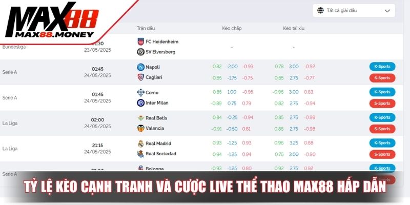 Tỷ lệ kèo cạnh tranh và cược live thể thao Max88 hấp dẫn